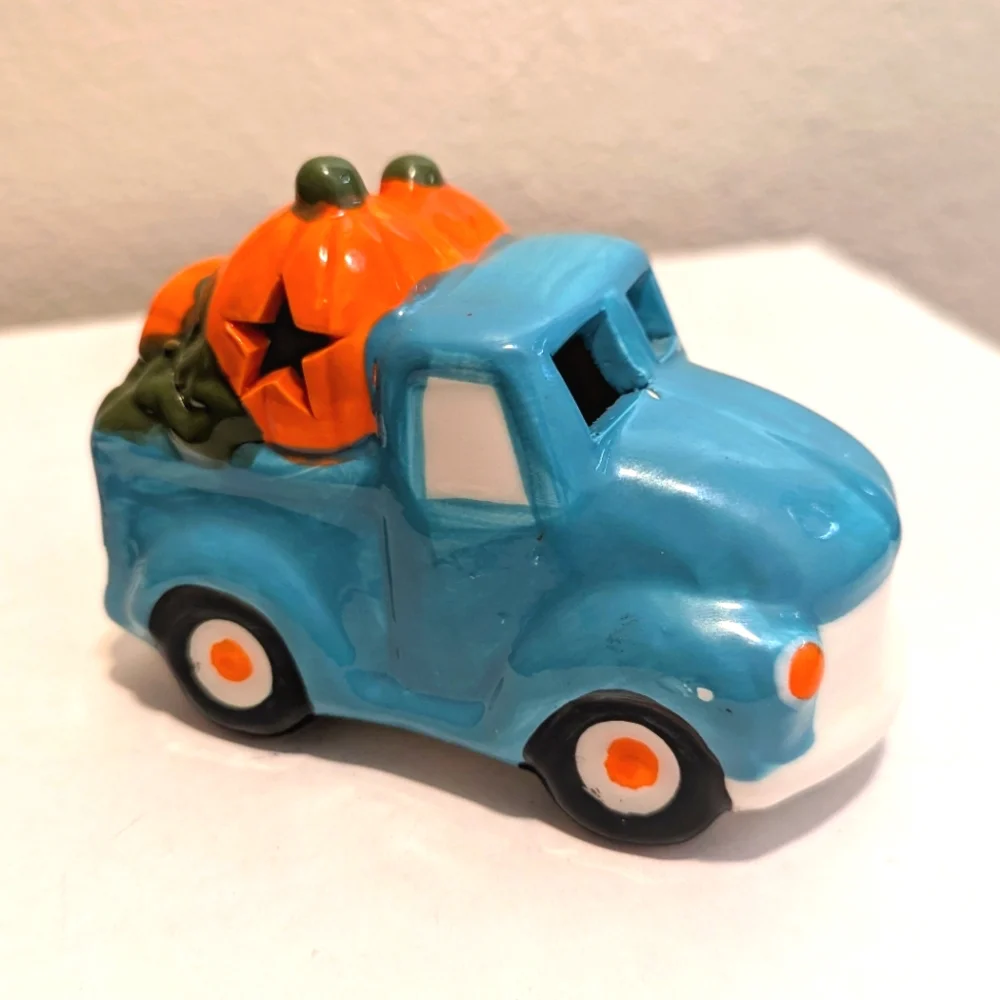 Teal Ceramic Truck with Pumpkins